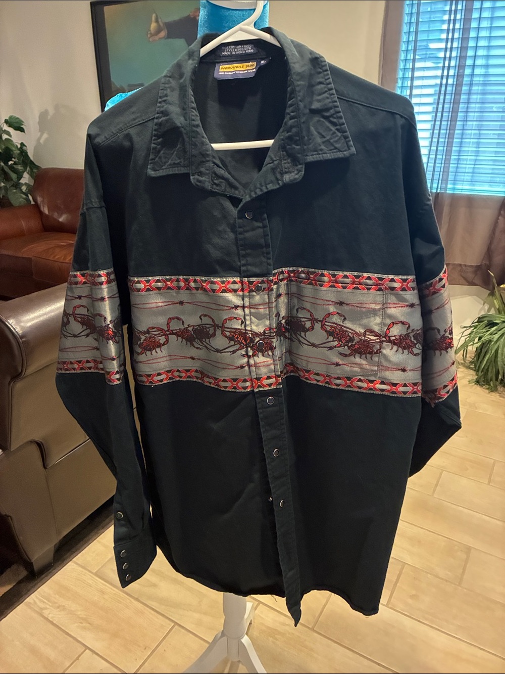 REDUCED!!Panhandle Slim Black Long-Sleeve Button-Up Shirt with Red Scorpion Band
